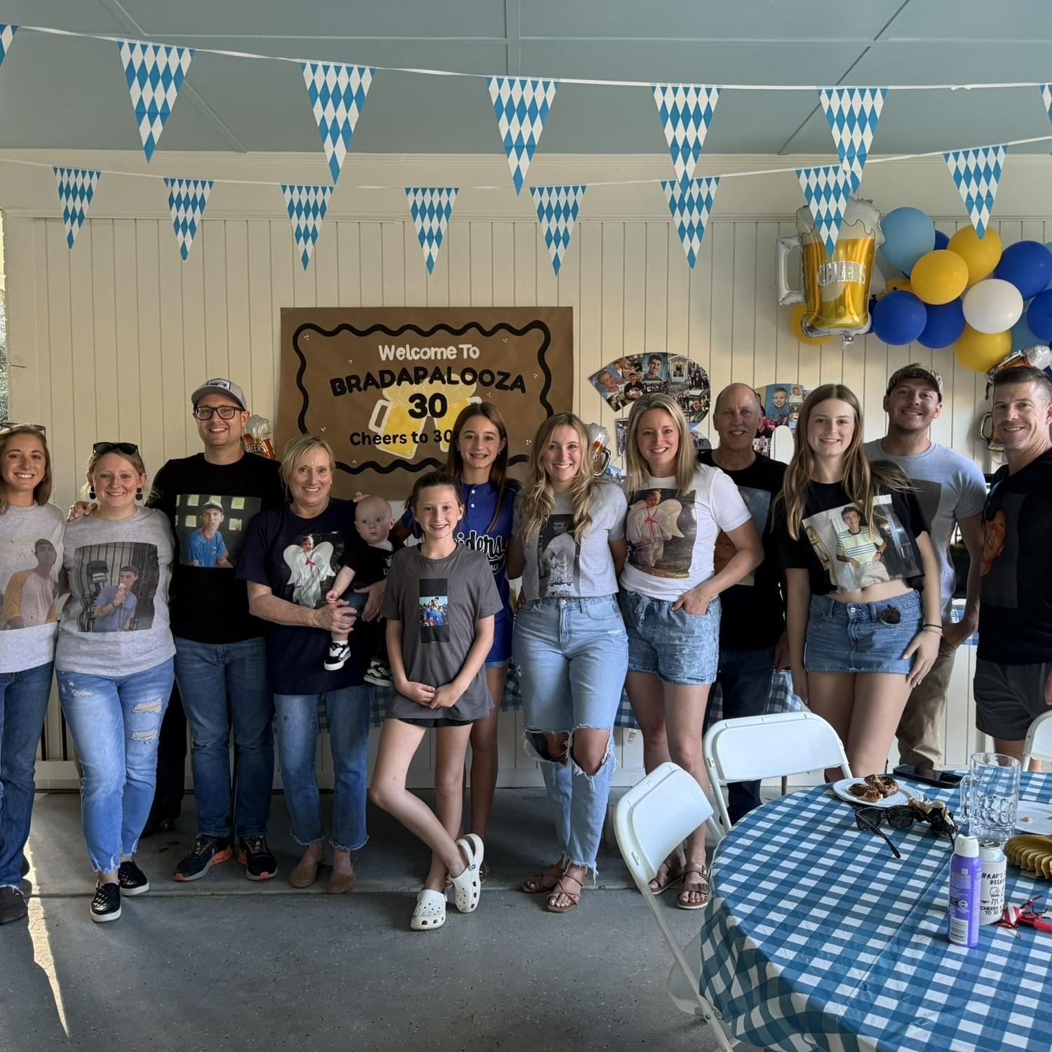 Brad’s family surprising him wearing all different pictures of him at his 30th birthday