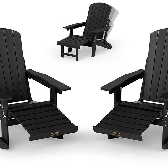 SUUNYN Adirondack Rocking Chair with Retractable Ottoman Set of 2, 4-in-1 Foldable Reclining Patio Chair, HDPE Wood-Look Outdoor Rocker for Porch, Garden & Poolside, Black