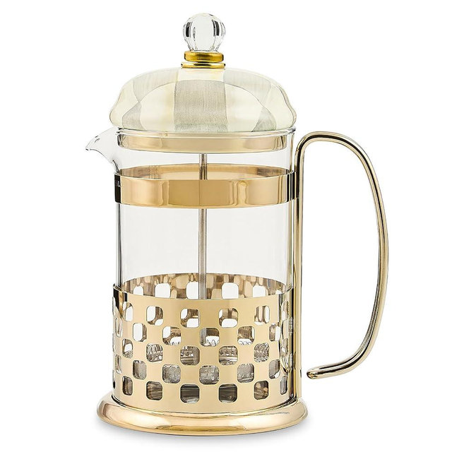 MACKENZIE-CHILDS Coffee French Press, Glass French-Press Coffee Maker, 32-Ounce Capacity, Gray-and-White Sterling Check