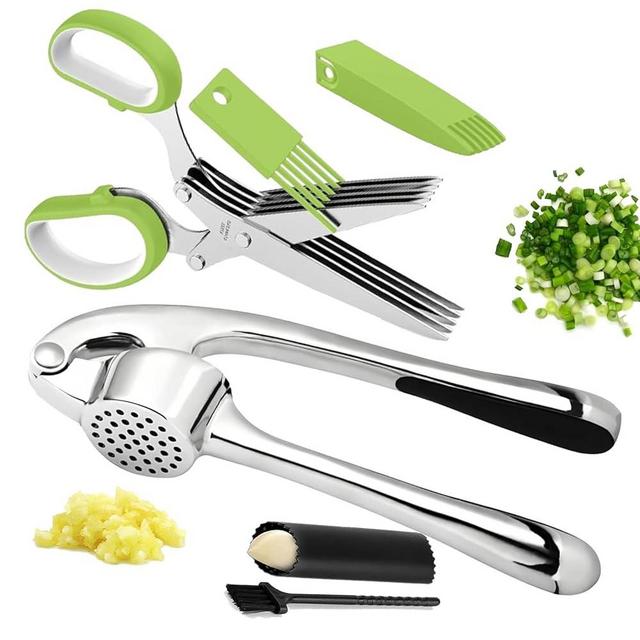 Garlic Press and Herb Scissors Set, 6 Pieces with Garlic mincer and Multipurpose Scissors, Rustproof Tools for Kitchen Use (Silver)