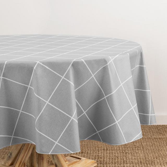 Windowpane Plaid Grid Printed Vinyl Indoor/Outdoor Tablecloth - Gray - 70 in. Round - Elrene Home Fashions