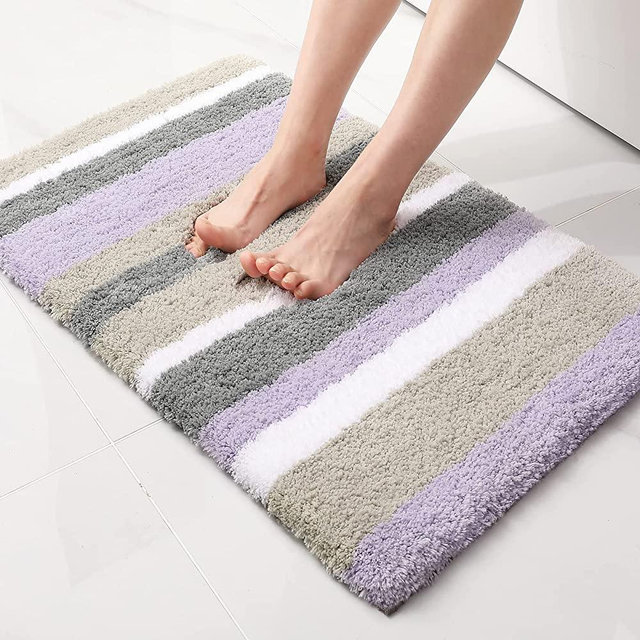 Buganda Microfiber Striped Bathroom Rugs Bath Mat, Extra Thick, Soft and Shaggy, Absorbent, Machine Washable, Anti-Slip Bath Rugs for Bathroom, Tub and Shower, 17x24, Purple-Grey