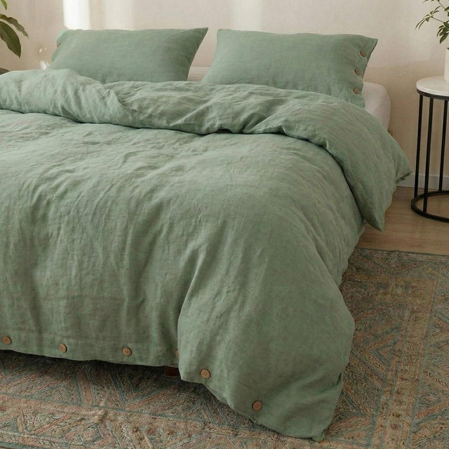 100% Natural Organic Linen Duvet Cover Set, 1 Duvet Cover and 2 Pillowcases, Available in Multiple Colors, Sage Green Soft Linen Duvet Cover
