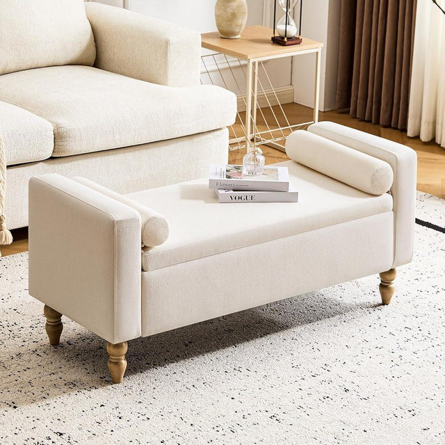 Furnistyle Large Storage Ottoman Bench, 45.7" Linen Upholstered Entryway Bench with Solid Wood Legs, End of Bed Bench, Shoe Bench, Ottoman Storage Chest for Bedroom/Living Room/Entryway,Beige