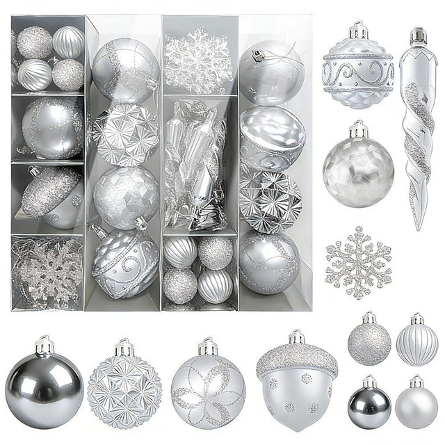 Napzy 62 Count Shatterproof Christmas Ball Ornaments Set, Silver Christmas Tree Decorations for Xmas Holiday Party Decor, Wreath and Garland Hanging Balls