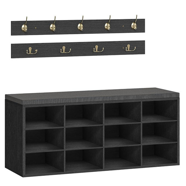 HOOBRO Shoe Storage Bench with Cushion, 39.4" L Entryway Bench with 12 Cubbies, Entryway Hall Tree with Storage, Cubby Shoe Rack Bench with Coat Rack for Hallway, Holds up to 330 lb, Black BB112HX01