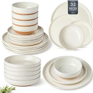 AmorArc 32 Pieces Ceramic Dinnerware Sets for 8, Handpainted Plates and Bowls Set with Rustic Terracotta Underside, Scratch Resistant Stoneware Dishes Set, Dishwasher & Microwave Safe, Light Beige