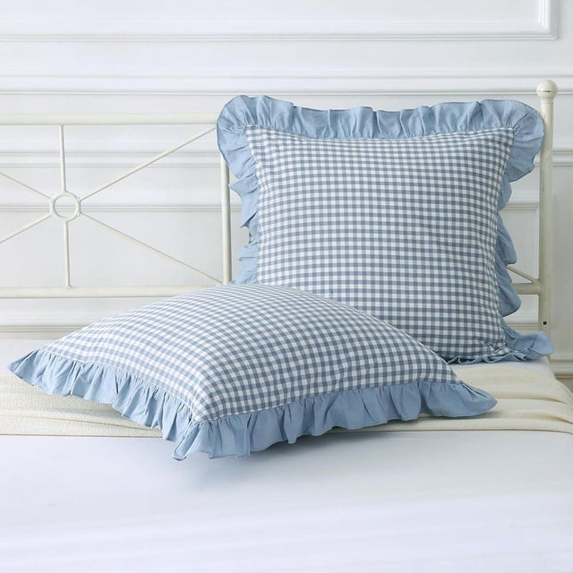 Mywinlle Dusty Blue Plaid Ruffle Decorative Throw Pillow Covers for Couch,2 Pack Vintage Checkered Washed Cotton Pillowcases for Bed, Sofa, Living Room-18"x18"