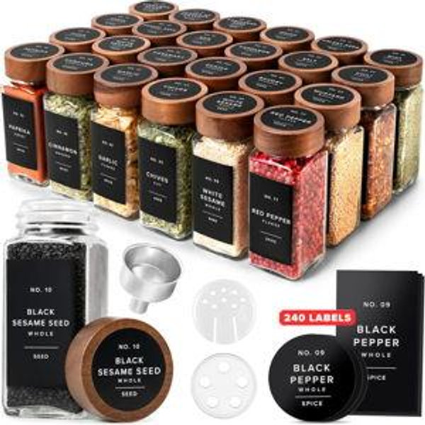 EDELHAUS® Square Spice Jars with Acacia Wooden Lid (Pack of 24) Spice Jars with Shaker Insert and 240 Labels - Acacia Lid Glass Container for Spice Organisation [4.3 in × 1.8 in]