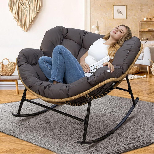 NICESOUL® Indoor Outdoor Papasan Rocking Chair with Padded Cushion, Oversized Patio Balcony Rocker Chairs, All-Weather Wicker Egg Royal Chair, Wide Cozy Comfy Recliner Large Lounging Chair Xmas Gift
