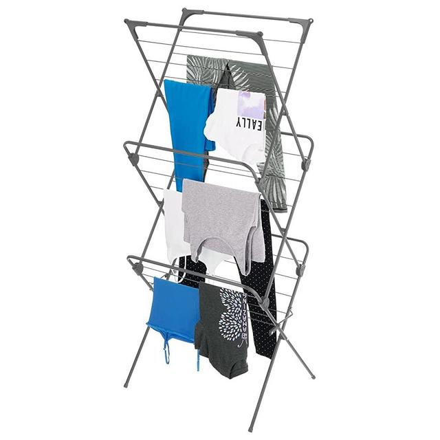 mDesign Tall Metal Foldable Laundry Clothes Drying Rack Stand - Compact, Portable, Folding, and Collapsible for Storage - Large Capacity, 27 Drying Rods, 46 Feet of Drying Hanger Space - Graphite Gray