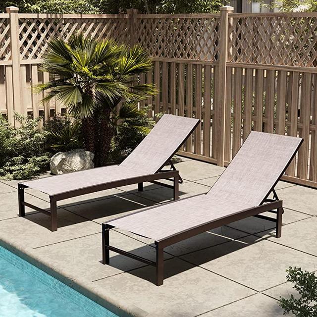 Patio Aluminum Chaise Lounge Chair, VredHom Set of 2 Outdoor Recliner Lounge Chair Sun Loungers, All Weather Chaise with 5 Adjustable Backrest and Lay Flat Positions for Garden, Balcony, Pool