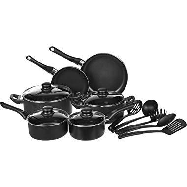 AmazonBasics 15-Piece Non-Stick Kitchen Cookware Set - Pots, Pans and Utensils