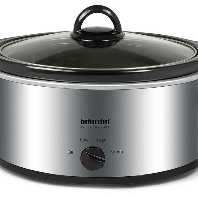 Better Chef Oval Slow Cooker | 3-Quart | 3-Tempature Settings | Side Handles | Glass Lid | Enamel Stoneware Insert (Stainless-Steel)