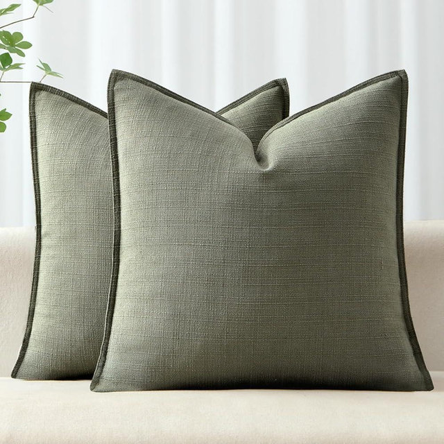 MIULEE Olive Green Decorative Pillow Covers 18x18, 2 Pack Boho Farmhouse Neutral Throw Pillows for Couch, Thick Textured Modern Linen Cushion Cases Sofa Bed Living Room Home Decor