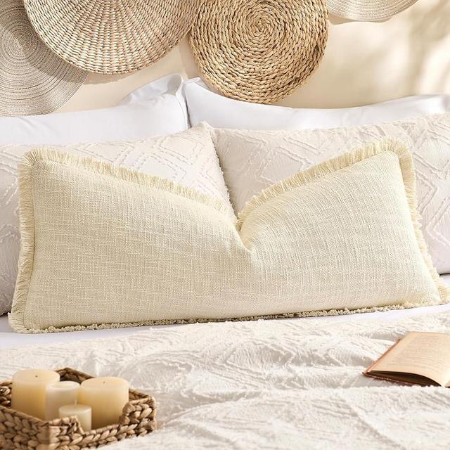 Kevin Textile 14x36 Inch Long Lumbar Pillow Cover 1 Pack Boho Fringe Decorative Rectangle Cushion Case with Tassels Neutral Cotton Woven Textured Farmhouse for Living Room Couch Sofa Bed, Beige