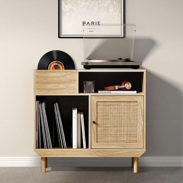 Vintage Record Player Stand, Vinyl Record Storage Table ,Turntable Stand Record Player Cabinet with Storage, Vinyl Record Player Stand with Rattan Door, Printer Stand with Open Storage Shelves