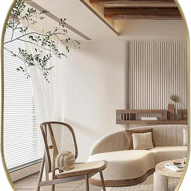 JENBELY Gold Oval Mirror, 17"x30" Oval Bathroom Mirror, Vanity Mirror with Brushed Metal Frame, Wall Mount Mirrors Decor for Bathroom, Bedroom, Entryway, Living Room(Hangs Horizontally or Vertically)