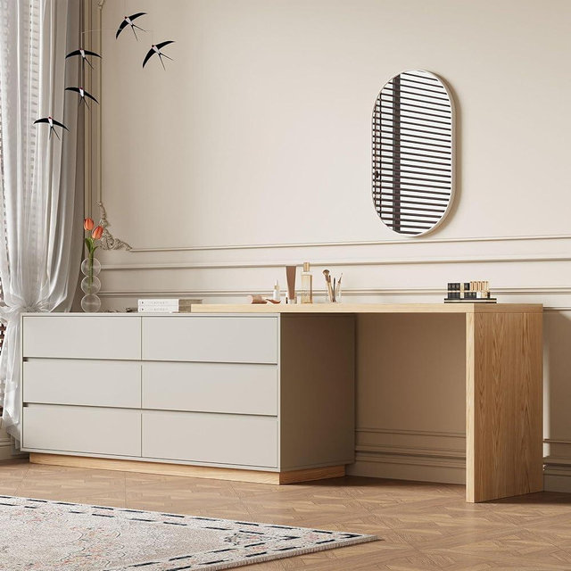 NessCarsti Modern Expandable L-Shaped Vanity Desk with 6 Drawers, Adjustable Computer Table for Home Office, Study, Writing, Gaming, and Bedroom Makeup, Beige, 56-98.5 ″