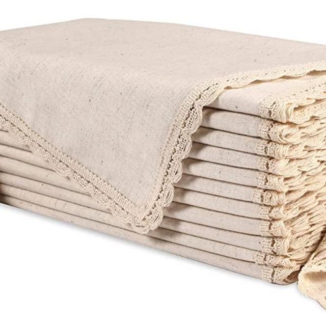Ramanta Home Cloth Dinner Napkins in Cotton Flax Fabric with Lace & Tailored Mitered Corner Finish Size 20x20 inch Set of 12