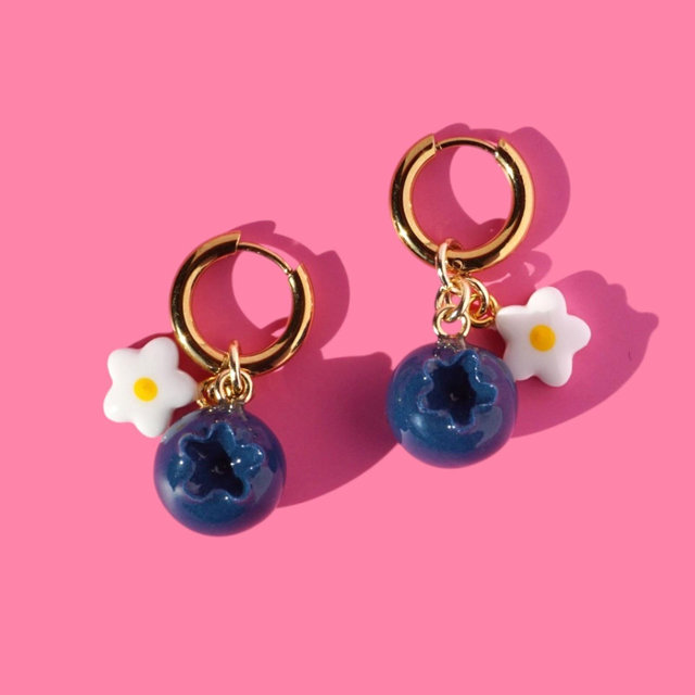 Blueberry Charm Hoop Earrings: Handmade Polymer Clay Jewelry