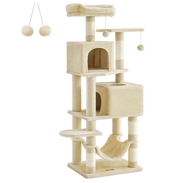 Feandrea Cat Tree, 61-Inch Cat Tower for Indoor Cats, Plush Multi-Level Cat Condo with 5 Scratching Posts, 2 Perches, 2 Caves, Hammock, 2 Pompoms, Beige UPCT192M01