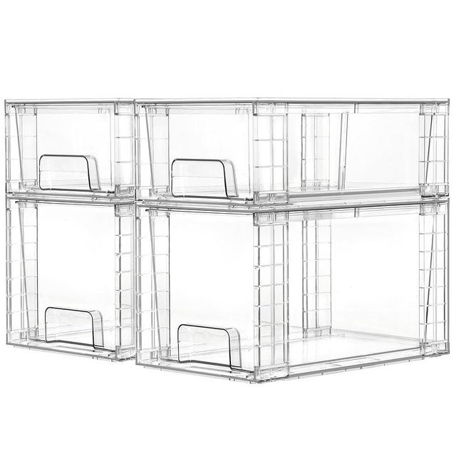 Vtopmart 4 Pack Clear Stackable Storage Drawers,Easy to Assemble Bathroom Organizers and Storage with handles,Plastic Drawers for Kitchen Pantry,Cabinet,Under Sink Organization