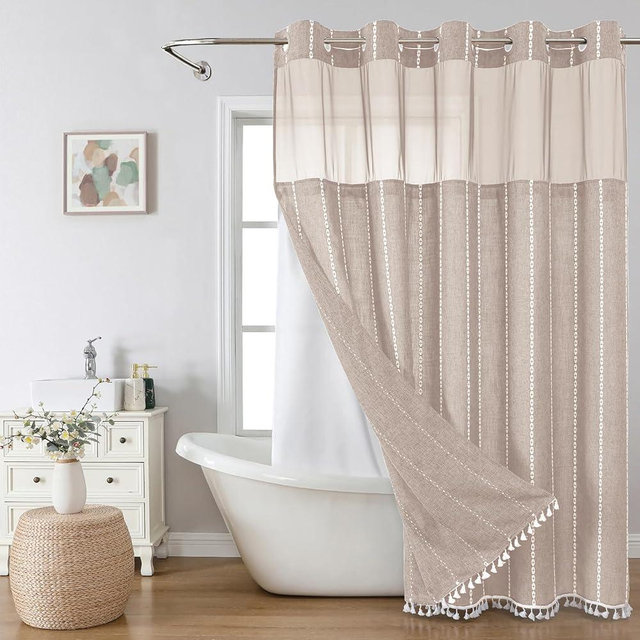 eachope No Hook Long Shower Curtain Set with Snap-in Fabric Liner,Linen Textured Thick Striped Fabric with Tassels,Boho Farmhouse Rustic Luxury Bathroom Curtain,Water-Repellent,Tan/Taupe,71x80