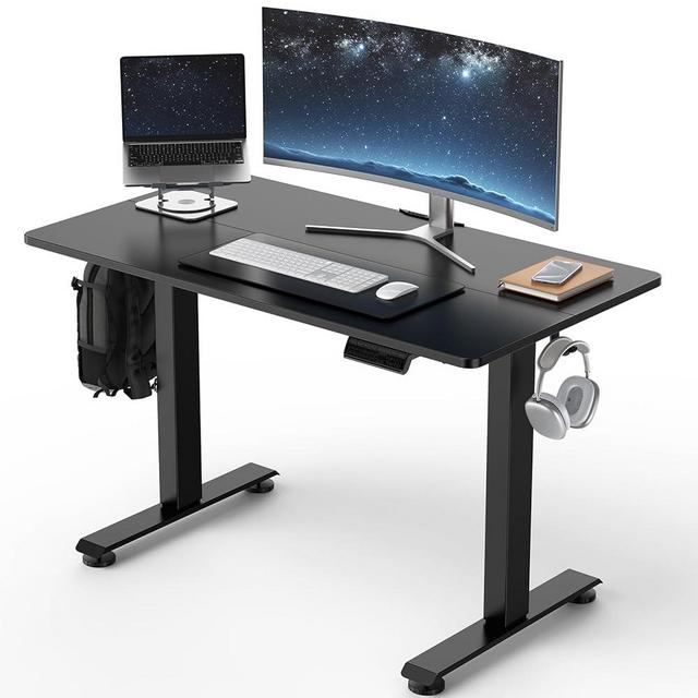 Veken 39.4" Small Electric Standing Desk, Adjustable Height Office Desk with Wood Desktop, Computer Table for Home Work, Study and Gaming, Small Spaces, Modern Furniture, Black