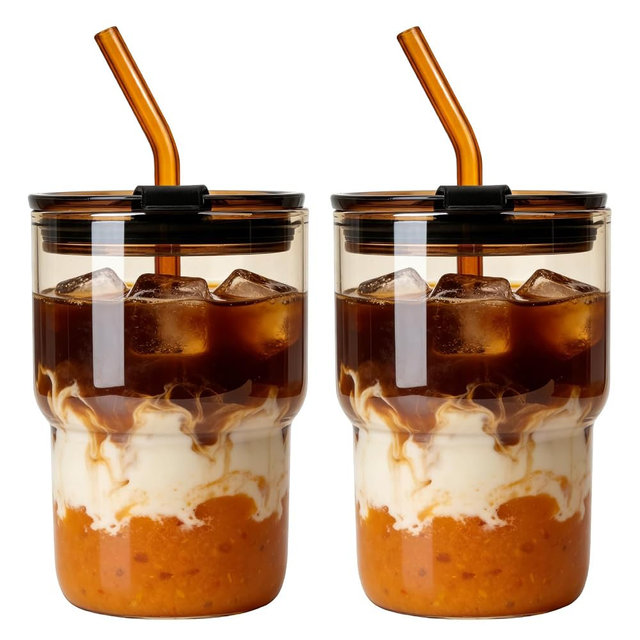 Luxfuel 16 oz Glass Tumbler with Lid & Straw, Reusable Iced Coffee Cup & Smoothie Cup, Leak-Proof Borosilicate Glass for Coffee, Iced Tea, Water – 2 Pack, Ideal for Office, Home & Travel, Amber