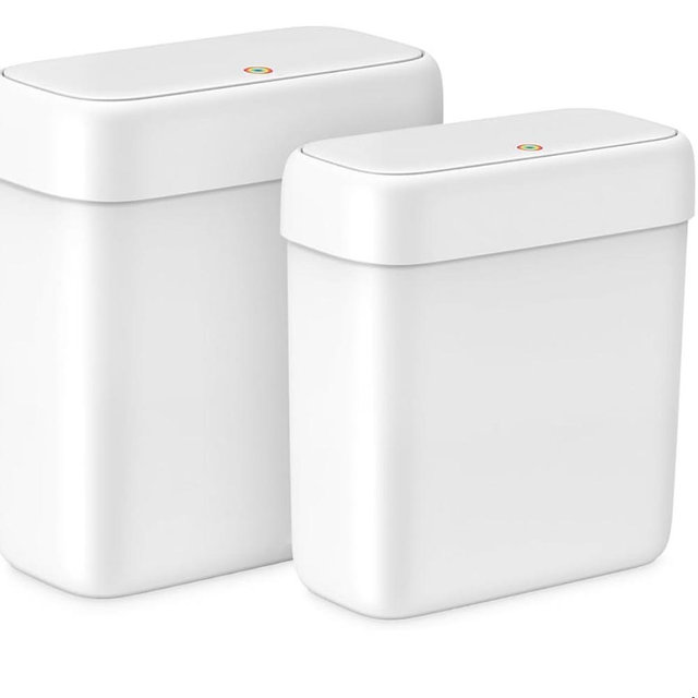 MOPALL 2 Pack Small Bathroom Trash Can with Lid, 3.2 Gallon / 11.5 L & 2.6 Gallon / 10 L Waste Basket with Pop-Up Lid, Slim Plastic Garbage Bin Dog Proof for Kitchen, Bedroom, Office, Toilet, White