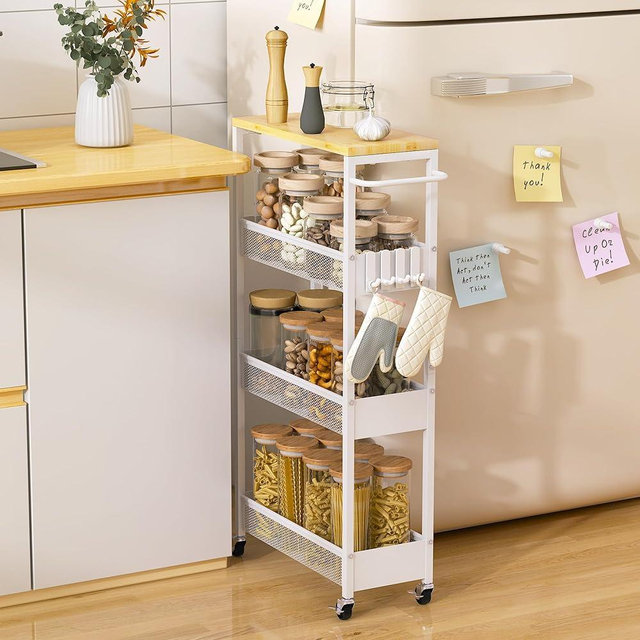 Vincona Slim Storage Cart on Wheels, 4 Tier Metal Narrow Rolling Cart with Handle and Wood Top, Multifunctional Small Mobile Shelf Unit Organizer Trolley for Laundry, Bathroom, Kitchen