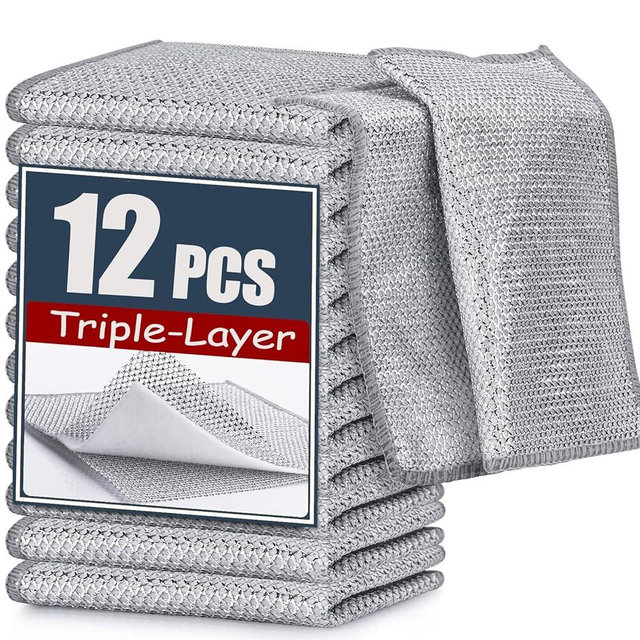 Navona 12 Pcs New Upgrade Steel Wire Dishcloth,Triple-Layer Steel Wire Cleaning Cloth,Powerful Cleaning Non-Scratch Wire Dishcloth Rag for Cookware, Sinks, Dishes, Stove Tops