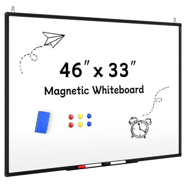 Magnetic Dry Erase Whiteboard - 46 x 33 Inch White Board - 4 x 3 Large Wall-Mounted Board with Black Aluminum Frame, 1 Magnetic Eraser, 2 Pen, Detachable Marker Tray, 6 Magnets
