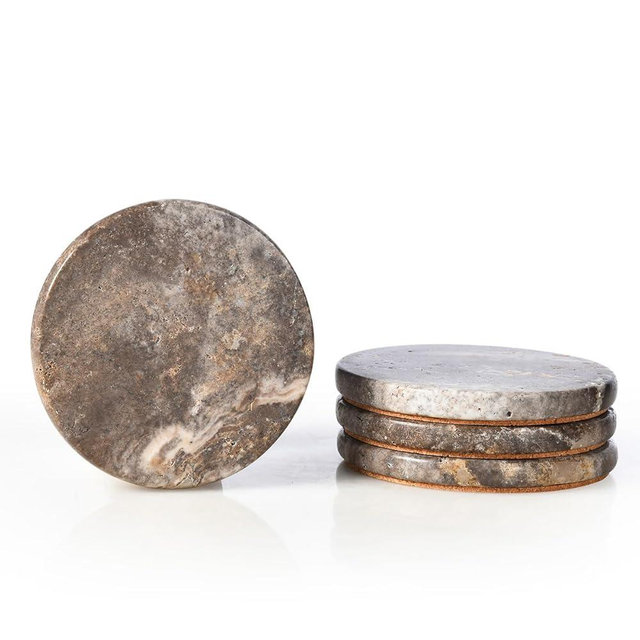 HAMAKAWA Marble Coasters Set of 4, Natural Gray Stone Coasters 4 Inch, Modern Round Travertine Drink Coasters for Home Decor, Coffee Table, Office