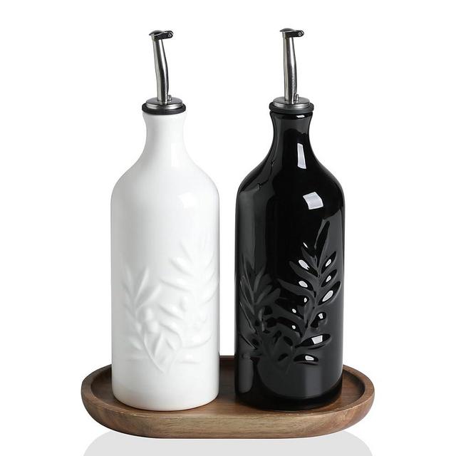 Sweejar Ceramic Olive Oil Dispenser Bottle, 20 Oz Relief Opaque Oil Cruet Protects To Reduce Oxidation, Suitable for Storage Vinegar, Soy Sauce,Liquids,Set of 2 (White Black)