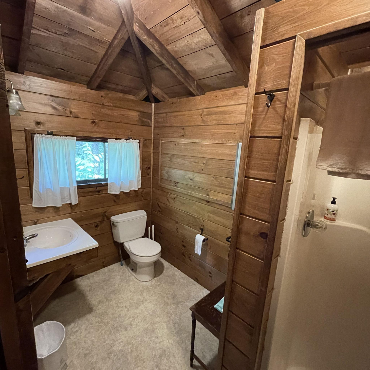 Bathroom with toilet, sink, and shower.