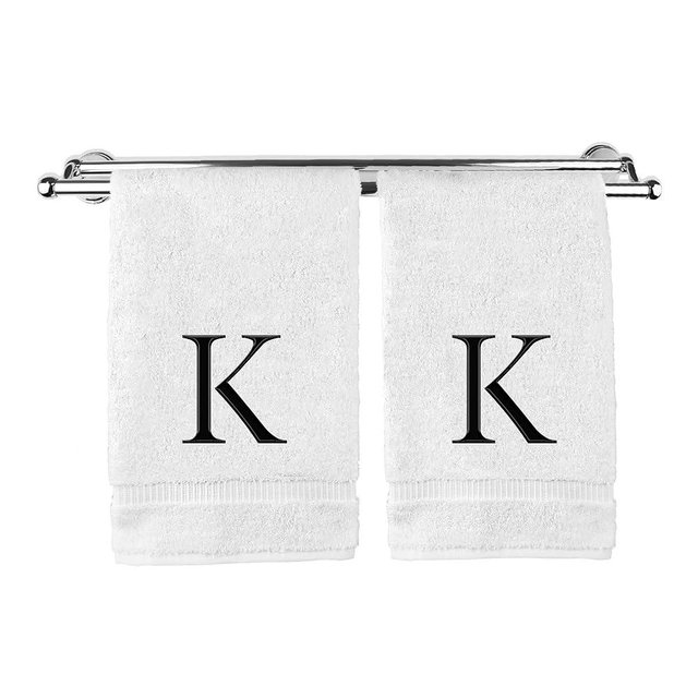Monogrammed Hand Towel, Personalized Gift, Set of 2- Black Block Letter Embroidered Towel - Extra Absorbent 100% Turkish Cotton - Soft Terry Finish - Initial K White