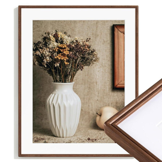 22x28 Poster Frame, Natural Solid Walnut Wood Picture Frame with High Tempered Glass, Handcrafted Rounded Corner 22x28 Wooden Frame Matted to 18x24 Photo for Horizontal or Vertical Wall Mounting