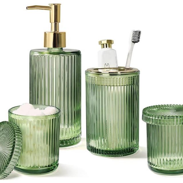 Green Glass Bathroom Accessories 4 Pcs, Green Bathroom Set, Green Soap Dispenser and Toothbrush Holder Set, Qtip Holder Set, Vintage Green Bathroom Sink Set, Cute Bathroom Decor