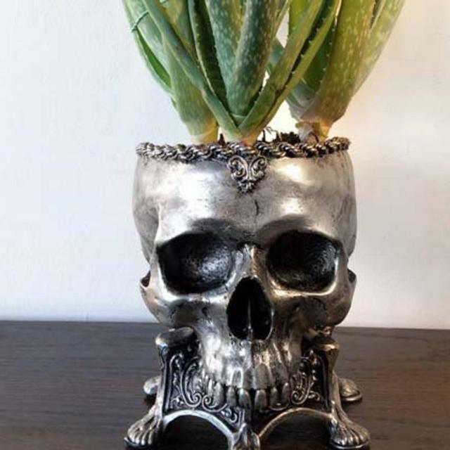 Human Skull Planter Pewter Finish, Hand Painted Resin Sculpture | Unique Gothic Home Decor | Spooky Art Gift and Gothic Home Decor