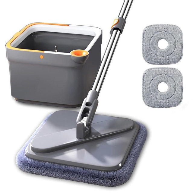 BOMIDI Spin Mop and Bucket System, Includes Dual Compartment Mop Bucket with Thick Washable Microfiber Pads for Home Cleaning (Mop Set)