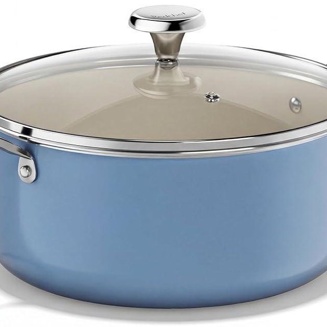 Redchef Ceramic Stock Pot, Induction Cooking Pot with Glass Lid for Soup, 5Qt Stockpot Nonstick Soup Pot, Even Heating, Stay-Cool Handles,Fits All Stoves, Oven/Dishwasher Safe, PFAS Free (Blue)