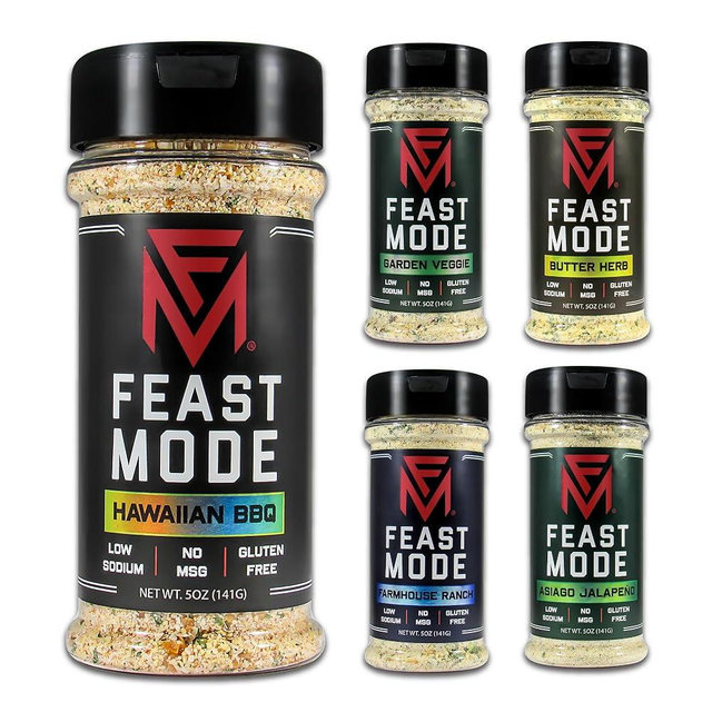 Feast Mode Flavors | Gainz Pack | 5 count | 5oz seasonings | Hawaiian BBQ | Garden Veggie | Butter Herb | Farmhouse Ranch | Asiago Jalapeno | meal prep seasoning, low sodium, no msg, low calorie, no artificial fillers, healthy flavoring