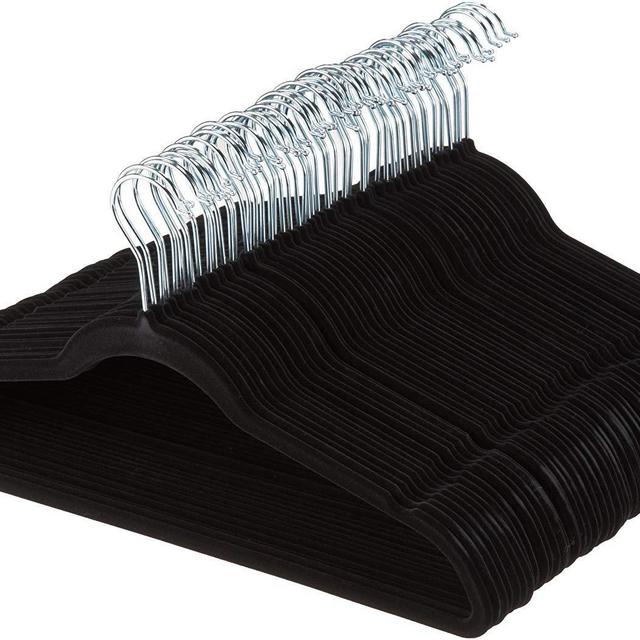 AmazonBasics Slim, Velvet, Non-Slip Clothes Suit Hangers, Black/Silver - Pack of 100