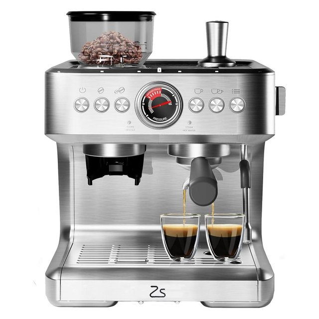 20 Bar espresso machine with 96 oz removable water tank, grinder, and milk frother; ideal for cappuccinos and lattes. Sleek silver design.