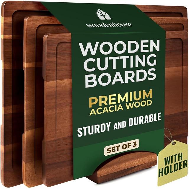 Acacia Wood Cutting Board Set of 3 with Holder, Juice Grooves & Built-in Handles - Durable, Wooden Cutting Boards for Kitchen, Perfect for Chopping, Food Prep and Serving as a Charcuterie