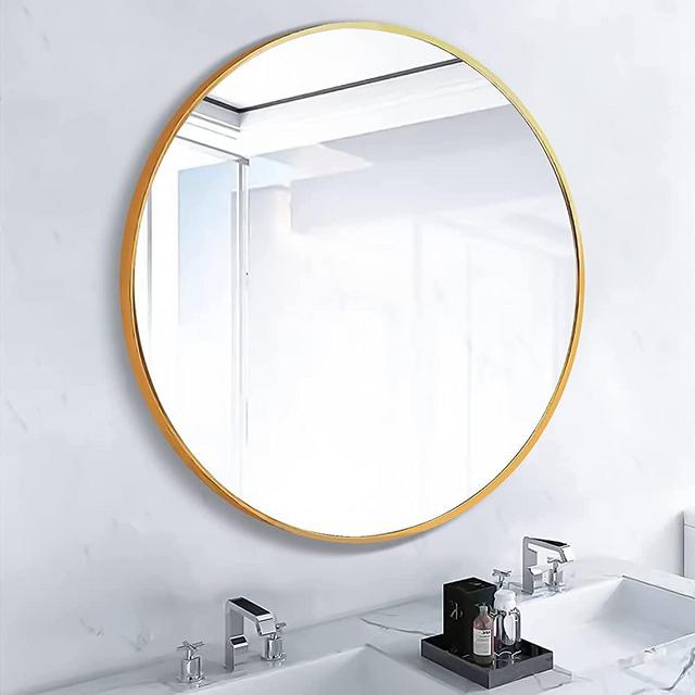 SCWF-GZ 24" Round Mirror Circle Wall Mounted Hanging or Against Wall Metal Frame Dressing Make-up Mirrors for Entryway Bedroom Bathroom Living Room 24 inch Gold
