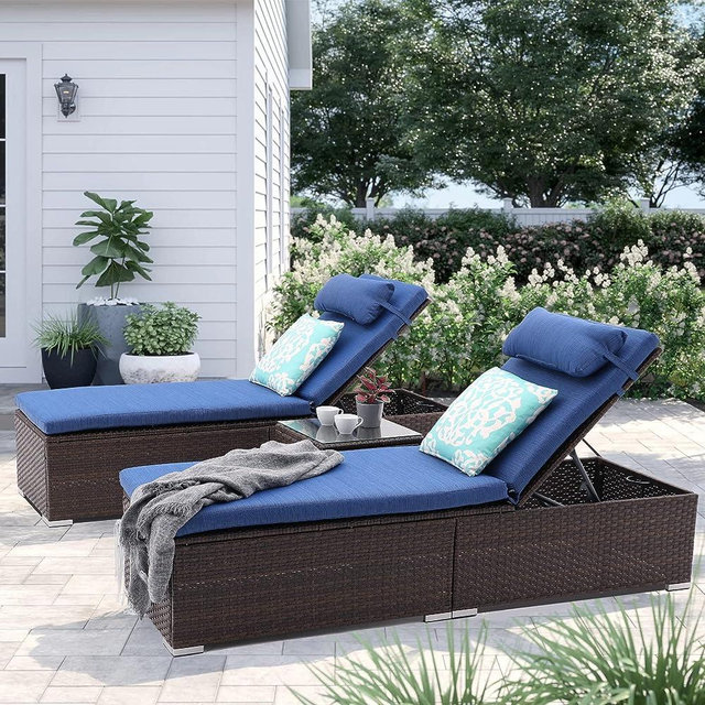 iArtHand 3 Pcs Patio Chaise Lounge with Coffee table, Cushion&Pillow, Outdoor Lounge Chair Chaise Lounger Patio Reclining Chair, 5 Angle Adjustment, PE Rattan for Courtyards Poolside Garden (Coffee-b)