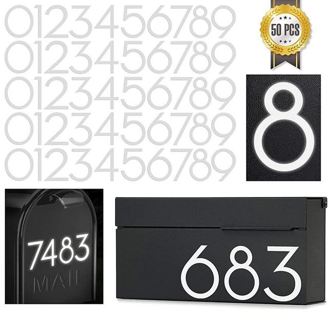 2 inch Reflective Mailbox Numbers Sticker (0-9, 5 Sets) Modern Number Vinyl Waterproof Number Self Adhesive Sticker for Signs, Door, Cars, Trucks, Home, Business, Address Number